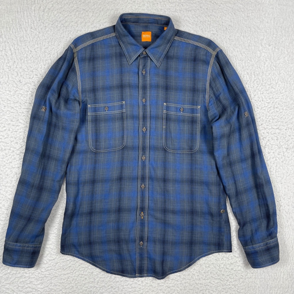 Hugo Boss Button Down Shirt Mens Large Blue Plaid‎ Orange Label Roll Tab Casual